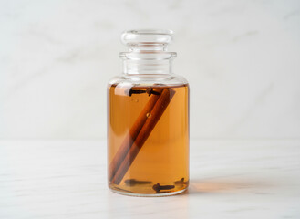 Minimalist Amber Glass Bottle with Cinnamon and Cloves on Marble Surface—Product Mockup and Natural Skincare Concept