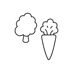 Outline drawing of broccoli and carrot vegetable on transparent background silhouette