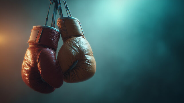 Hanging boxing gloves under dramatic cinematic light, symbolizing strength, discipline, and perseverance in sports and personal growth - Powered by Adobe