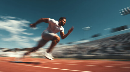 Athlete sprinting on a track in full motion blur, dynamic sports concept symbolizing speed, power, and determination under a bright blue sky