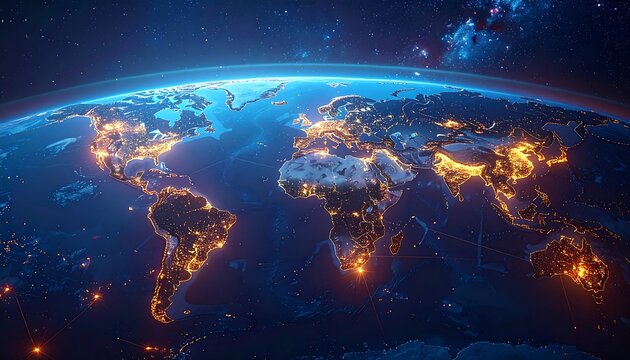 Earth with glowing cities at night, viewed from space, showing continents and a starry background