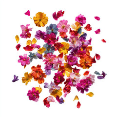 Colorful vibrant flower petals scattered on white background