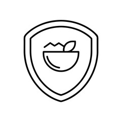 Shield with bowl of food and leaf outline drawing on transparent background silhouette