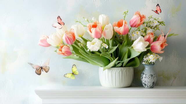A spring-themed fresh tulips, butterflies, and light pastel colors, Happy easter concept