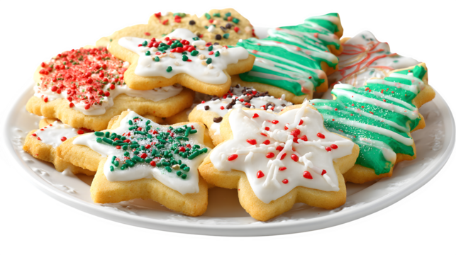 Festive plate of Christmas cookies with icing and sprinkles isolated on white background