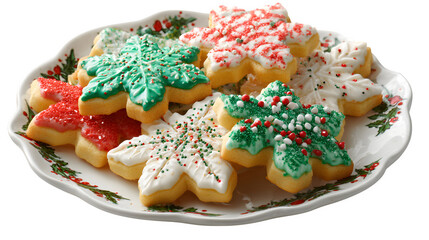 Festive plate of Christmas cookies with icing and sprinkles isolated on white background