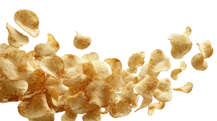Crispy potato chips falling to the ground with natural texture and golden color isolated on white background for snack concept