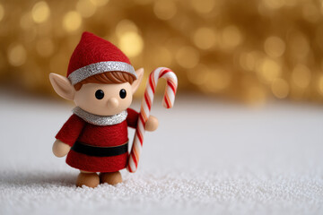 Christmas elf figurine holding a candy cane, dressed in a red outfit with silver accents, set against a blurred golden background with copy space for text
