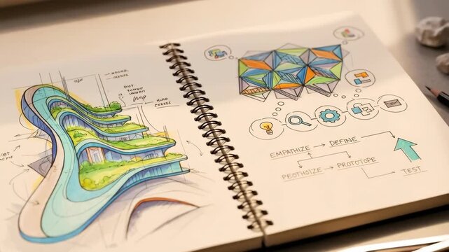 Detailed architectural drawings and sketches fill a notebook, showcasing intricate designs with vibrant colors. The open sketchbook reveals artistic renderings of buildings and complex elements.