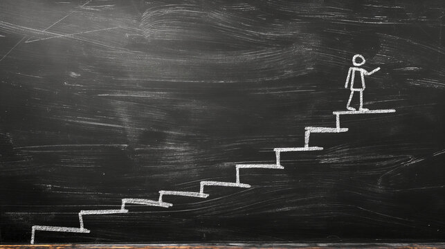 An upward climb. Illustrated as a figure standing on chalk drawn stairs on a blackboard, a metaphor for success, effort, progress and rising to the top. Journey toward achievement and personal growth