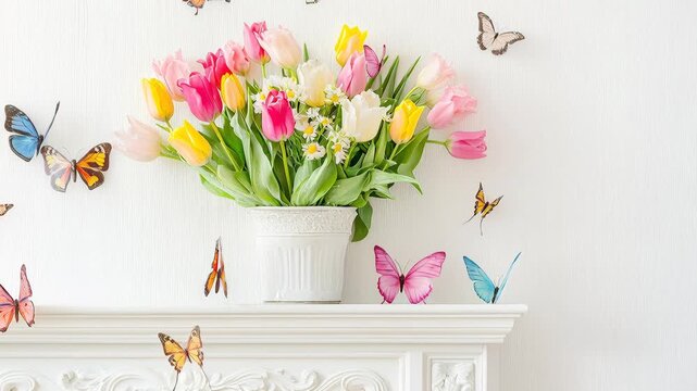 A spring-themed fresh tulips, butterflies, and light pastel colors, Happy easter concept