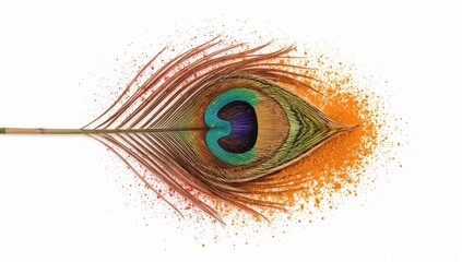 Festival of colors celebration with vibrant peacock feather and orange gulal powder on white background
