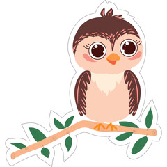 Cute cartoon baby owl with big eyes perched on a branch with green leaves and a transparent background