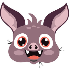 Cute Cartoon Bat Face With Large Pink Ears Big Red Eyes Happy Expression And Small Fangs White Background