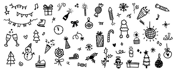 Cute christmas doodle icon sketch set in simple minimalist style. Vector holiday ornamental winter illustration for decoration with snowflake, bunting, cap, gift boxes and lollipops.