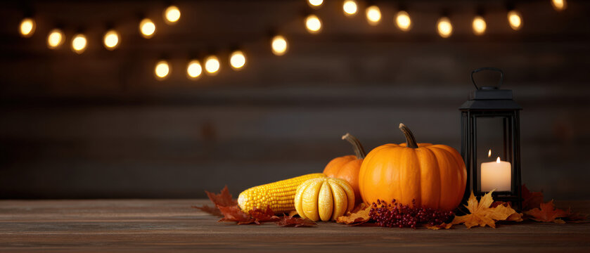 Thanksgiving celebration banner featuring vibrant pumpkins, corn, and autumn leaves with warm lights in the background, perfect for seasonal decoration and copy space for text
