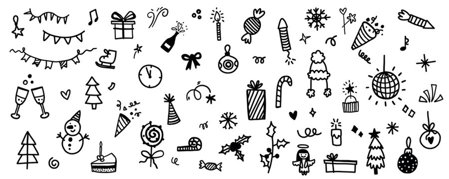 Cute christmas doodle icon sketch set in simple minimalist style. Vector holiday ornamental winter illustration for decoration with snowflake, bunting, cap, gift boxes and lollipops.