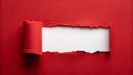 Red torn curled paper or cardboard message backdrop with rough edges and blank copy space for text in the middle on white background design element. torn paper with red border