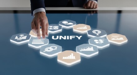 Businessman interacting with glowing hexagonal icons on digital interface with word "unify", for data integration, strategic planning, business synergy, modern corporate solutions