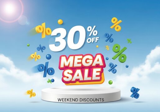 A promotional image featuring a mega sale of thirty percent off on a podium