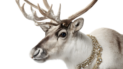 Festive reindeer with decorative collar and antlers isolated on white background