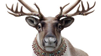 Festive reindeer with decorative collar and antlers isolated on white background