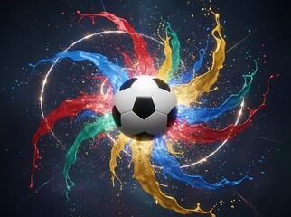 Naklejka premium Dynamic colorful explosion of paint and light around a soccer ball in mid-air, motion blur and energy particles, bright red blue yellow tones