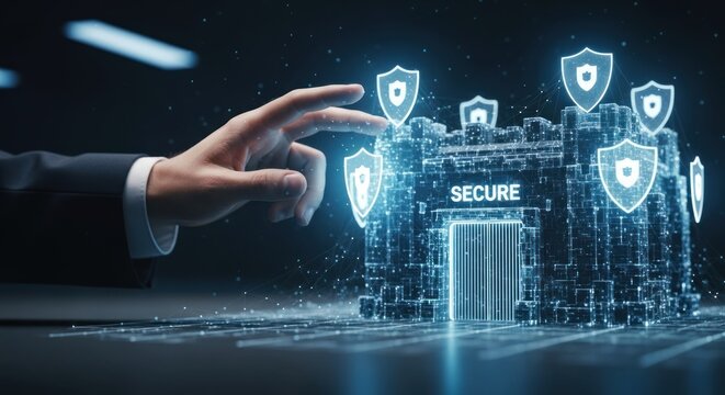 Businessman interacting with glowing secure digital fortress surrounded shield icons, for cybersecurity, data protection, network defense, digital safety protocols in futuristic