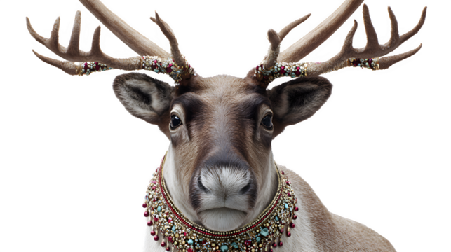 Festive reindeer with decorative collar and antlers isolated on white background