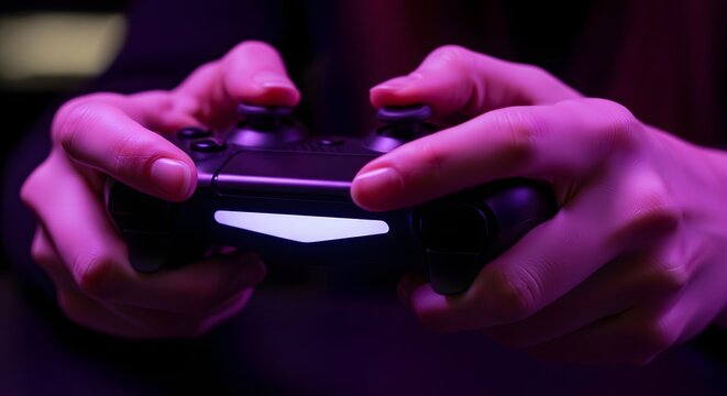 Gaming experience with hands holding console controller in purple light for entertainment design and technology inspiration - Powered by Adobe