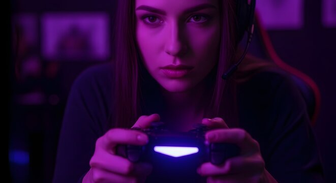 Intense gaming experience with female gamer holding controller in neon purple lighting for esports design or technology concept