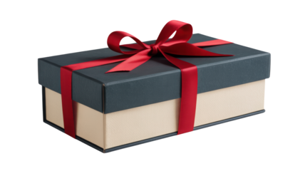 Elegant dark blue and cream gift box with a vibrant red satin ribbon tied in a bow isolated on transparent background