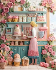 Sweet Whispers of the Bakery: A baker lovingly prepares confections amidst a pastel-colored bakery adorned with floral embellishments, a testament to culinary artistry and the sweet joy of baking.
