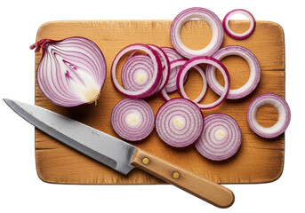 A red onion sliced on a wooden cutting board with a knife, ready for cooking or food preparation