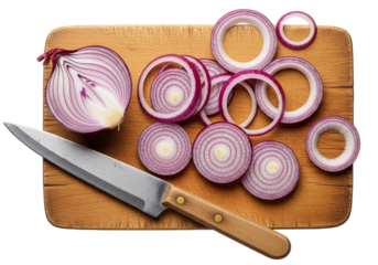 A red onion sliced on a wooden cutting board with a knife, ready for cooking or food preparation