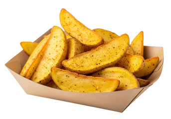 Crispy potato wedges seasoned with herbs and spices, served in a paper tray