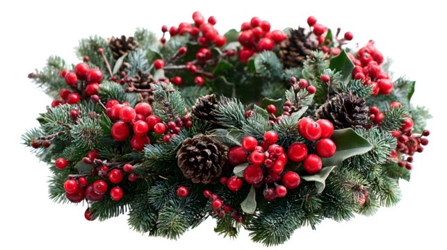 Festive spruce wreath decorated with red berries and pinecones isolated on white background - Powered by Adobe