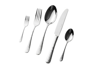 A set of polished silverware including forks, spoons, and a knife