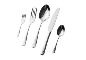 A set of polished silverware including forks, spoons, and a knife