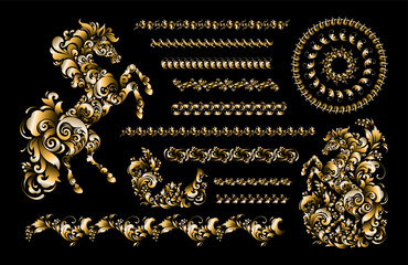 Vector colorful illustration of golden horse made of Khokhloma patterns and ornaments, the symbol of the 2026 Chinese New Year. Vector illustration