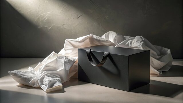Elegant black gift box with ribbon handles rests on a light surface beside softly draped white fabric in a sunlit studio