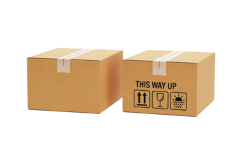 Two cardboard boxes with tape and shipping symbols