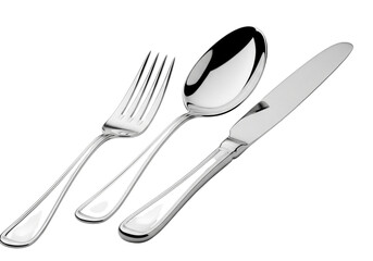 Silver fork, spoon, and knife arranged on a transparent background