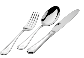 Silver fork, spoon, and knife arranged on a transparent background