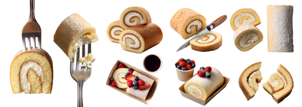 Set of vanilla classic swiss roll jelly roulade roll-up sponge cake with cream icing fillings, knife, fork, slice pile, takeaway box with berries, transparent cutout PNG. Many different Mockup	