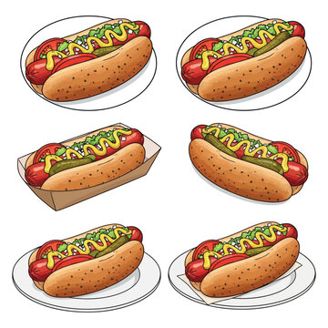 Chicago Hot Dog Vector Clipart Fast Food Graphic for T-Shirt & Logo. Classic American Street Food Illustration. Chicago Hot Dog Vector for Print & Merch Creative Food Design. Cartoon Chicago Hot Dog