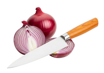 A sharp kitchen knife cutting a red onion