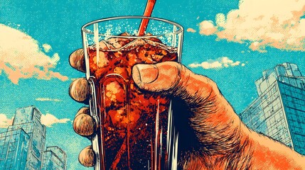 Modern Urban Comic Illustration of a Hand-Held, Chilled Cola Beverage Merging Retro Pop Art with Invigorating Refreshment