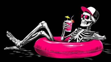 Stylish Skeleton in a Cap Relaxing with a Cocktail on a Black Swimring, Vector Art Masterpiece