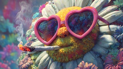 Intricately rendered surreal daisy flower character with heart shaped sunglasses and cigarette in an urban vibrant setting